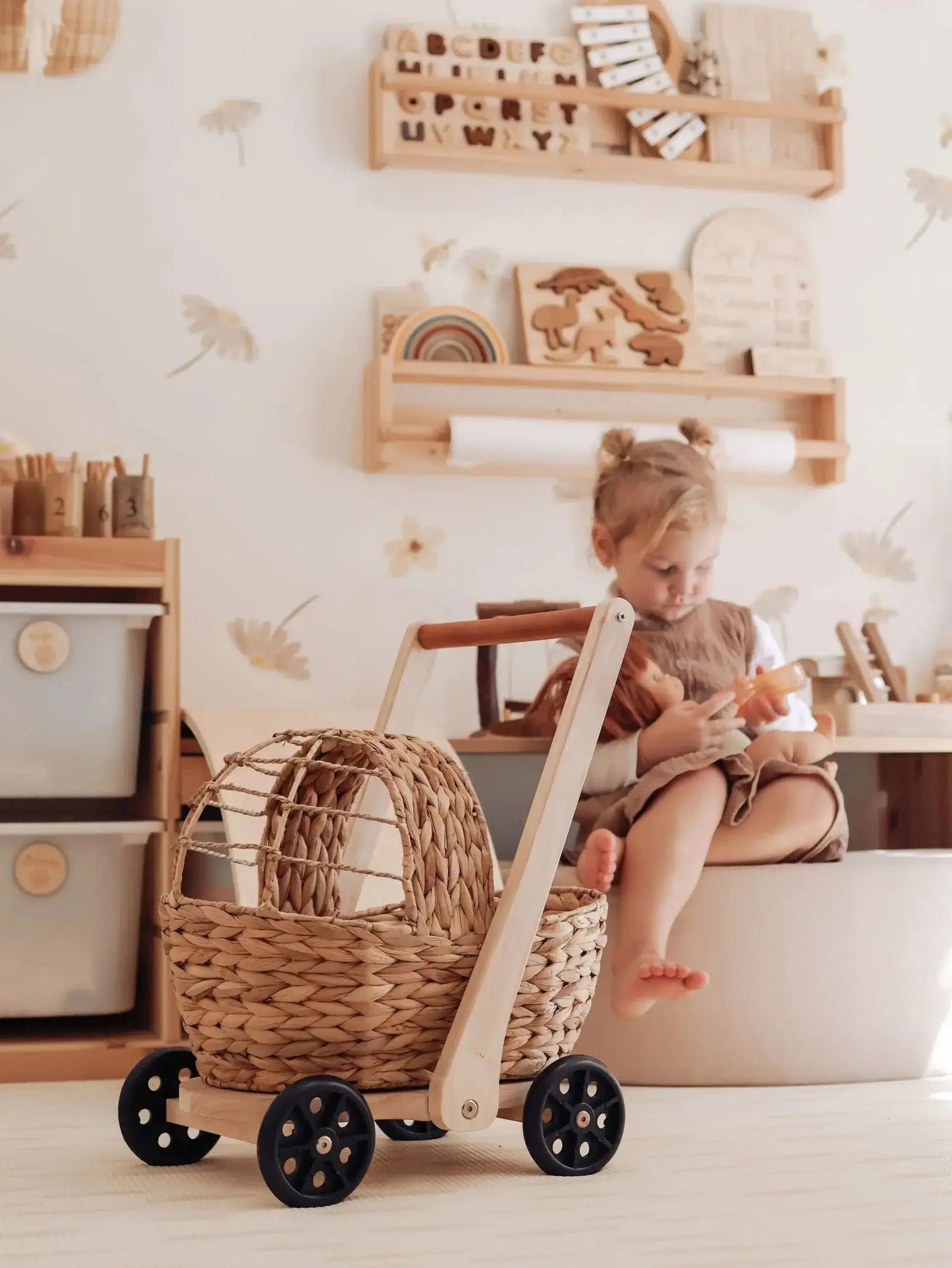 Water Hyacinth Doll Pram & Walker - Natural CuteNest